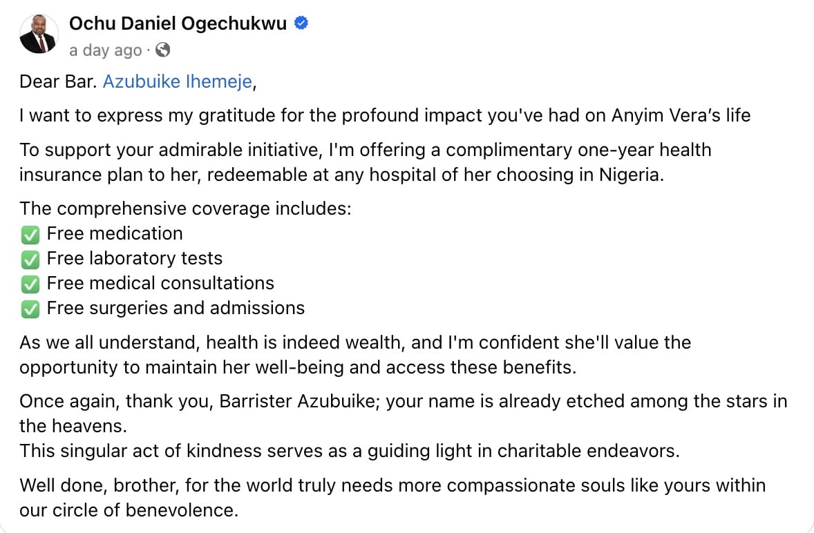 Veronica Anyim gets 1-year free health insurance for US-based doctor